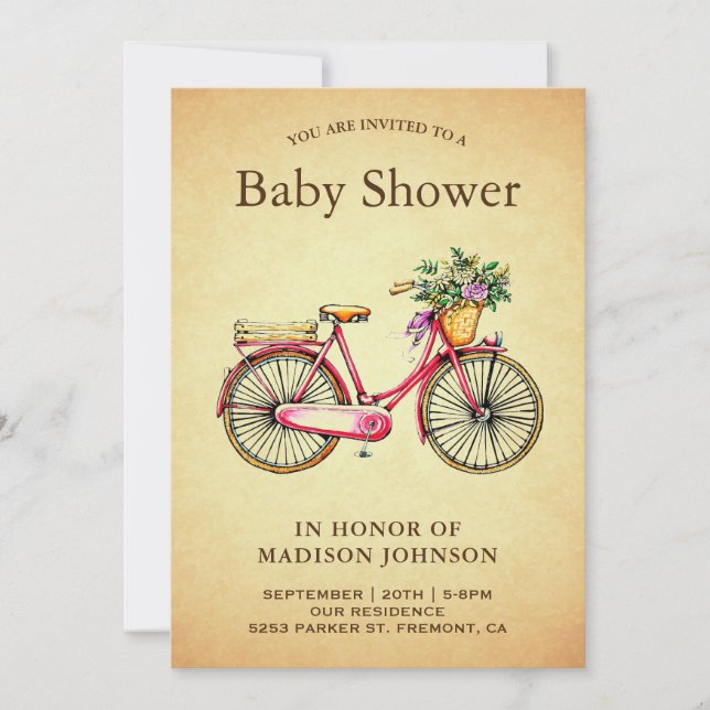 Convites Chá de Bebê de Bicicleta Floral Rosa Antigo (Frente)