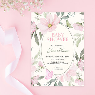 Convites Chá de bebê de borboleta floral macia rosa
