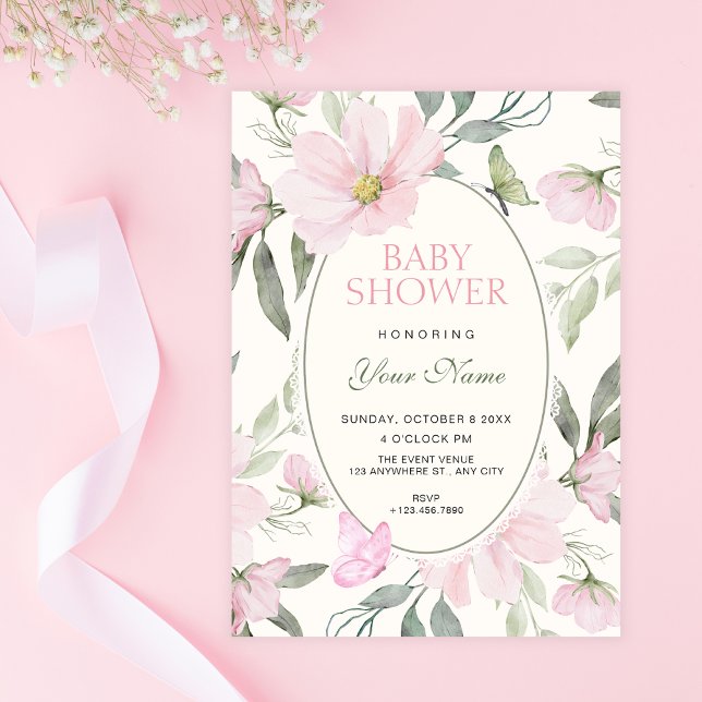 Convites Chá de bebê de borboleta floral macia rosa (Criador carregado)