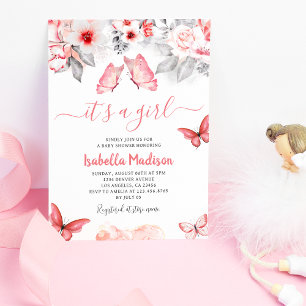 Convites Chá de Bebê de Borboleta Floral Rosa