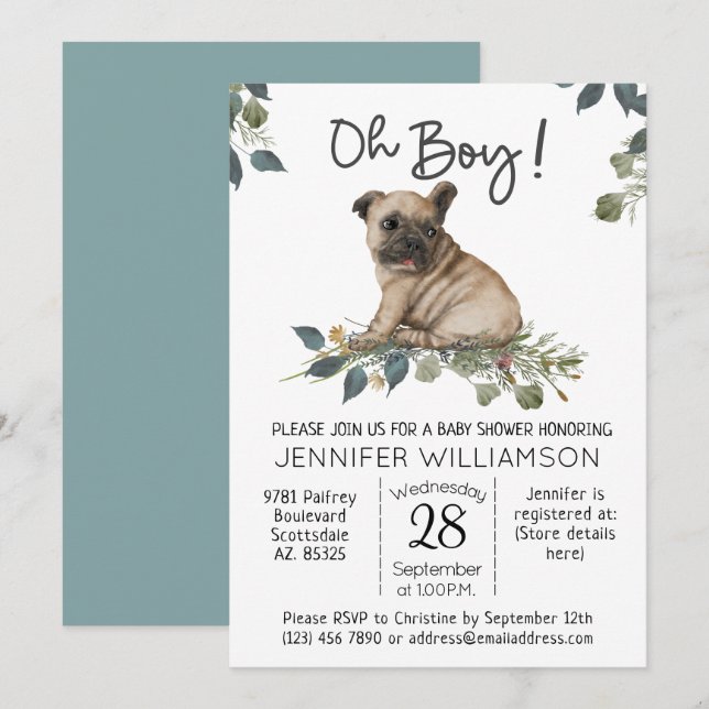 Convites Chá de Bebê de Cachorro Oh Menino! Pug Cachorrinho (Frente/Verso)