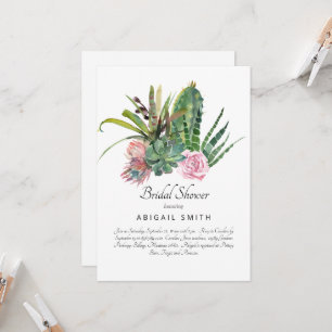 Convites Chá de Bebê de Cacto em Aquarela Rosa Floral Branc