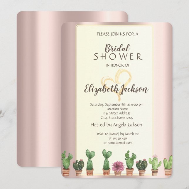 Convites Chá de Bebê de Cacto em Rose Gold Elegante (Frente/Verso)