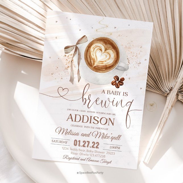 Convites Chá de bebê de café está sendo preparado  laço (Coffee baby,is brewing shower,invitation,Coffee baby shower,,coffee,refill theme,baby shower invite,)