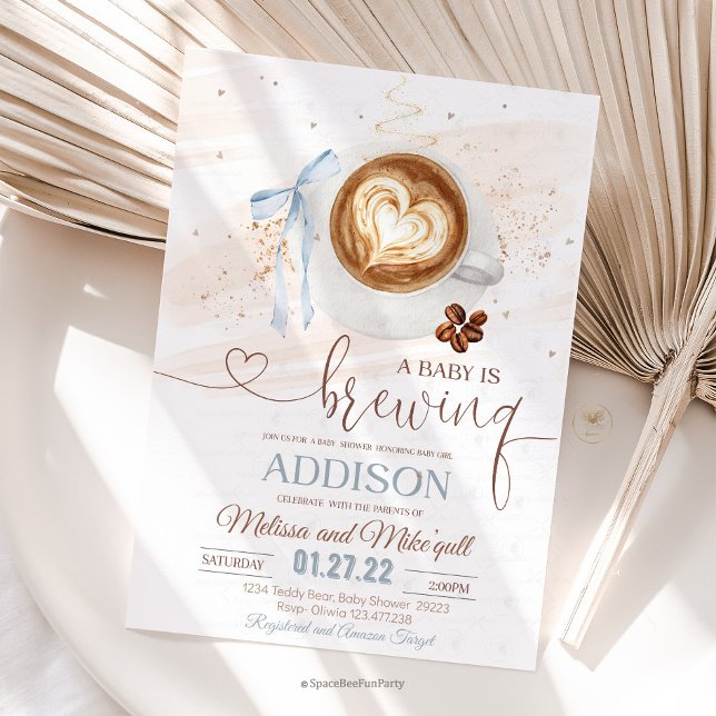 Convites Chá de bebê de café está sendo preparado  laço (Coffee baby,is brewing shower,invitation,Coffee baby shower,,coffee,refill theme,baby shower invite,)