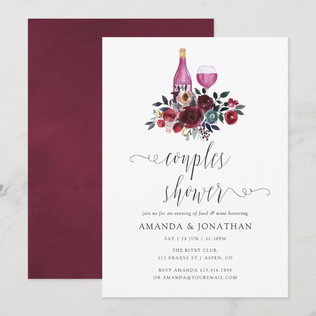 Convites Chá de Bebê de Casal Boho Burgundy e Azul Marinho  (Frente/Verso)