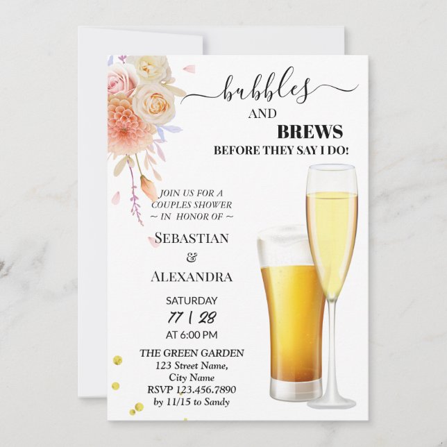 Convites Chá de Bebê de Casal Greenery Bolhas e Cervejas (Frente)