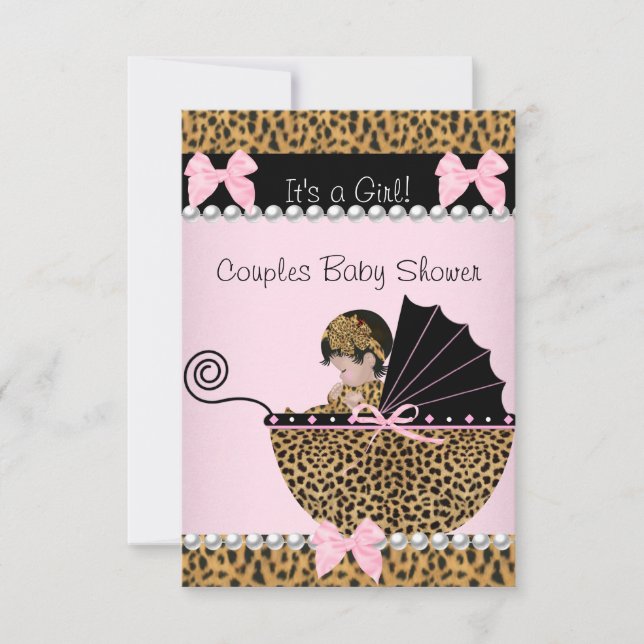 Convites Chá de Bebê de Casal Menina Fofa Leopardo Rosa (Frente)
