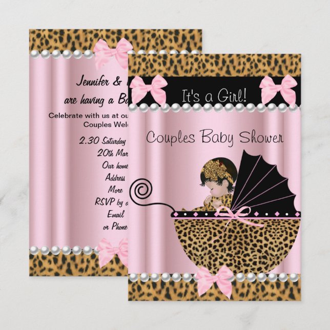 Convites Chá de Bebê de Casal Menina Fofo Leopardo Rosa (Frente/Verso)