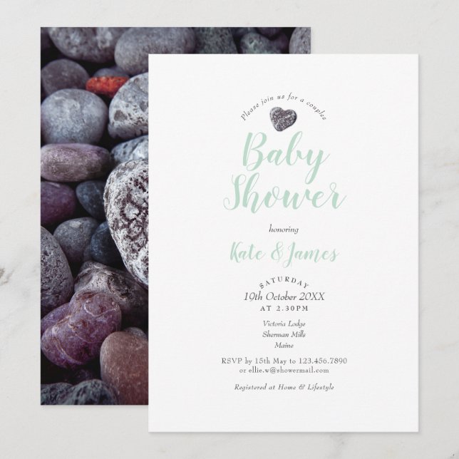 Convites Chá de Bebê de Casal Pebble Heart / Sprinkle (Frente/Verso)