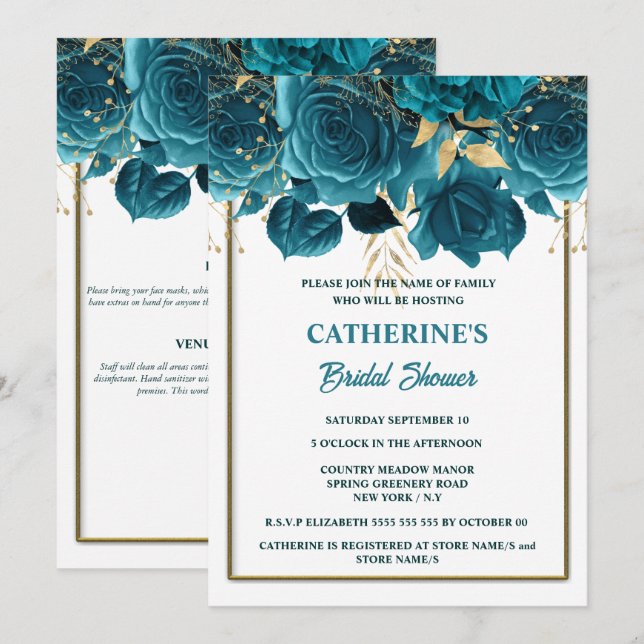 Convites Chá de Bebê de casamento em tons de azul-turquesa, (Frente/Verso)