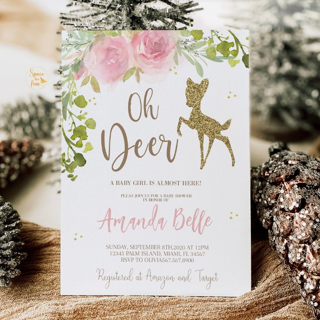 Convites Chá de Bebê de Cervo  (An "Oh Deer" baby shower invitation featuring a cute deer design with soft greenery, ideal for a woo)