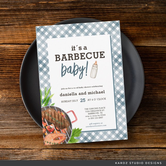 Convites Chá de Bebê de Churrasco com Xadrez Azul Moderno (Invite shown in 5 x 7 inches with square corner, choose size, paper and corner style before checkout)