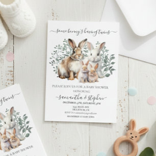 Convites Chá de Bebê de Coelhinhos Gêmeos Aquarela Casais