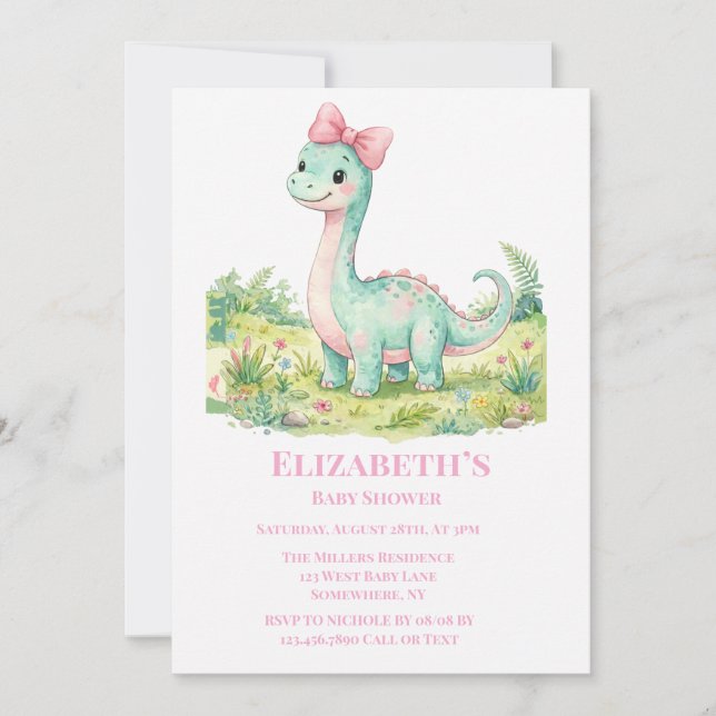 Convites Chá de Bebê de Dinossauro Fofo com Laço Rosa (Frente)