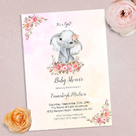 Convites Chá de Bebê de Elefante Boho Chic Coral Aquarela