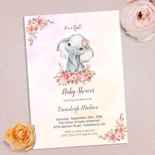 Convites Chá de Bebê de Elefante Boho Chic Coral Aquarela (Criador carregado)