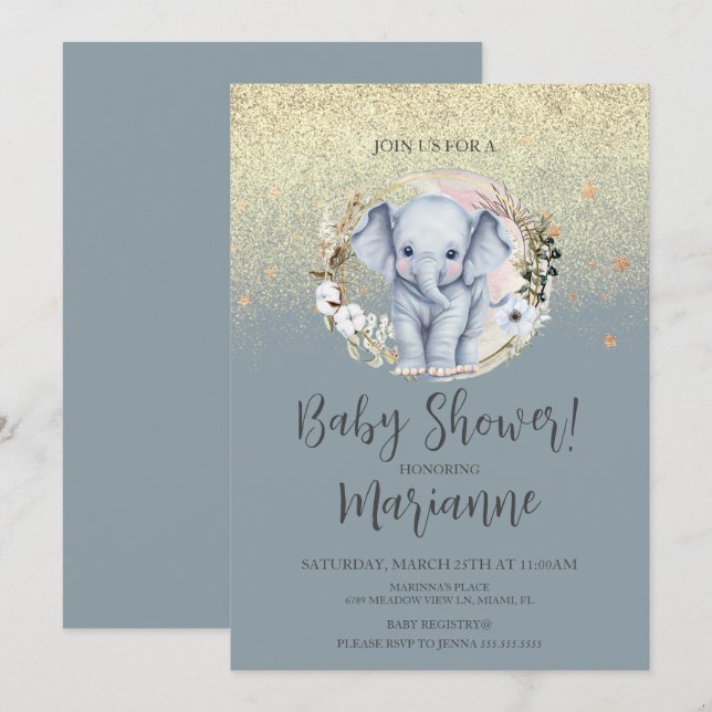 Convites Chá de Bebê de Elefante Faux Dourado Brilho Azul E (Frente/Verso)