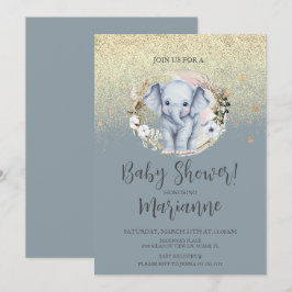Convites Chá de Bebê de Elefante Faux Dourado Brilho Azul E