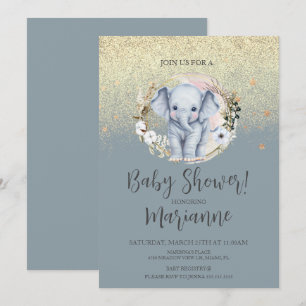 Convites Chá de Bebê de Elefante Faux Dourado Brilho Azul E