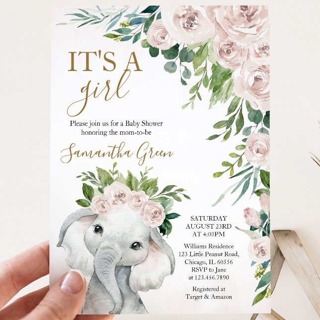 Convites Chá de Bebê de Elefante Menina (Criador carregado)