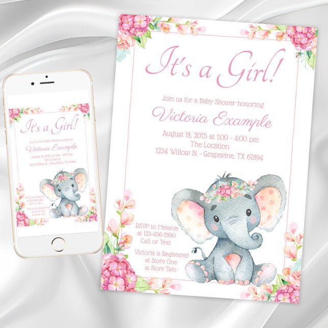 Convites Chá de Bebê de Elefante Menina Fofa (Cute Girl Elephant Baby Shower Invitation. Instant download and printed invitations available.)