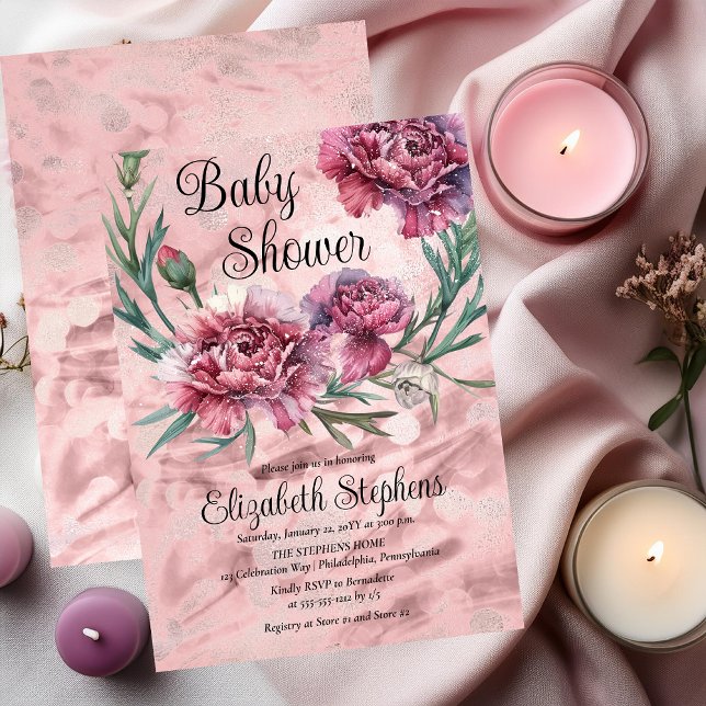 Convites Chá de Bebê de Elegantes Cravos Rosa em Aquarela (Elegant Watercolor Pink Carnations Girl Baby Shower Invitation - Print | Digital Download)