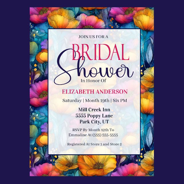Convites Chá de Bebê de Flor de Papoula Colorida e Vibrante (Colorful vibrant poppy flower bridal shower invitation with elegant floral border )