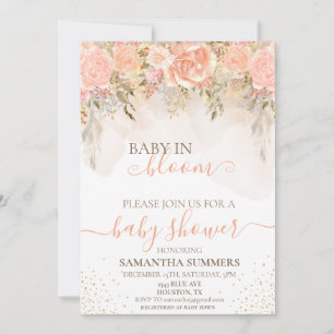 Convites Chá de Bebê de Flor de Pêssego em Aquarela Boho 