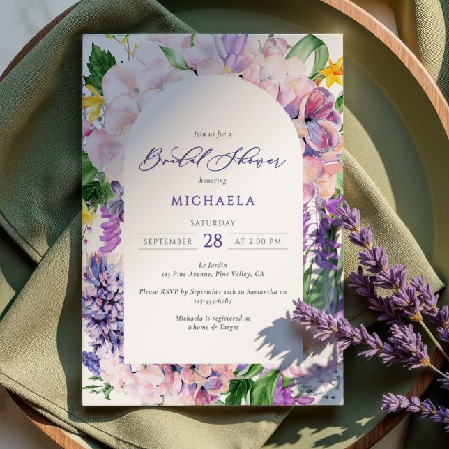 Convites Chá de Bebê de Flores de Lavanda em Aquarela Elega (Criador carregado)