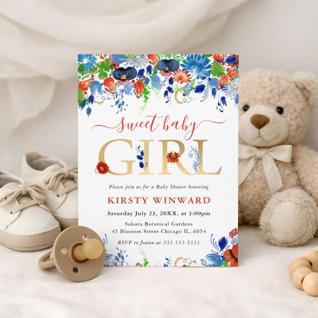 Convites Chá de Bebê de Flores de Verão Vermelhas, Azuis e  (Criador carregado)
