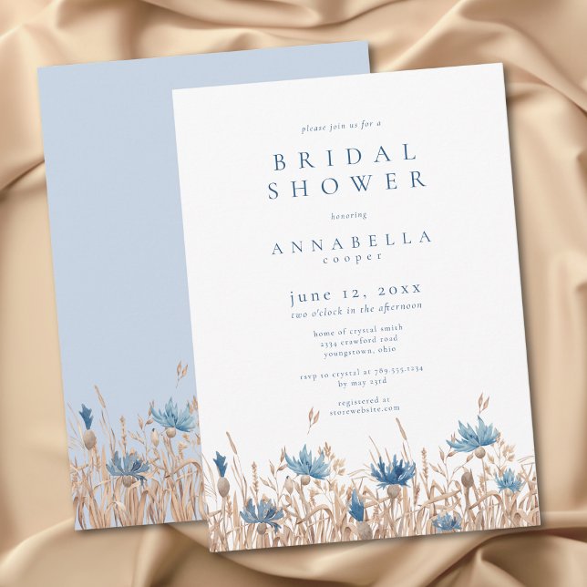 Convites Chá de Bebê de Flores do Campo e Trigo Azul Modern (Modern Blue Cornflowers & Wheat Bridal Shower Invitation)