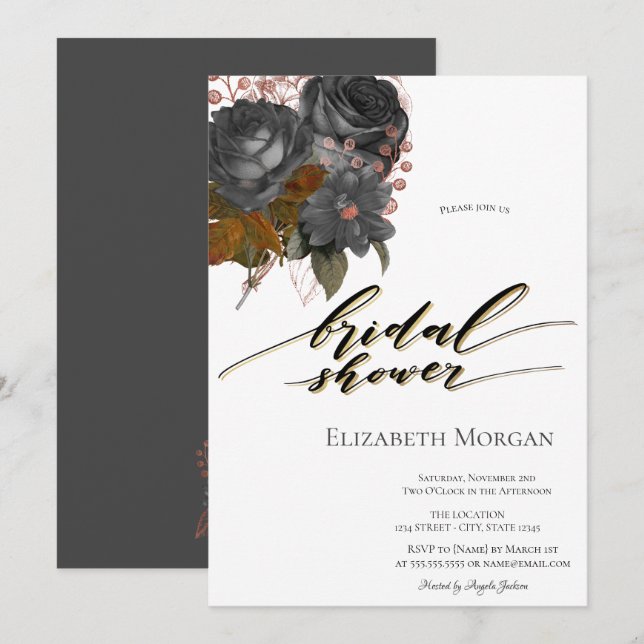 Convites Chá de Bebê de Flores Pretas Elegantes (Frente/Verso)