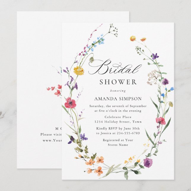 Convites Chá de Bebê de Flores Silvestres em Aquarela Elega (Frente/Verso)