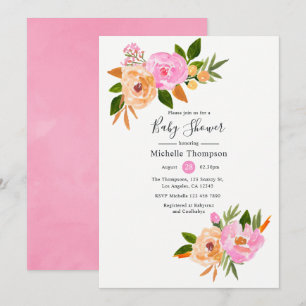 Convites Chá de Bebê de flores silvestres em aquarela rosa