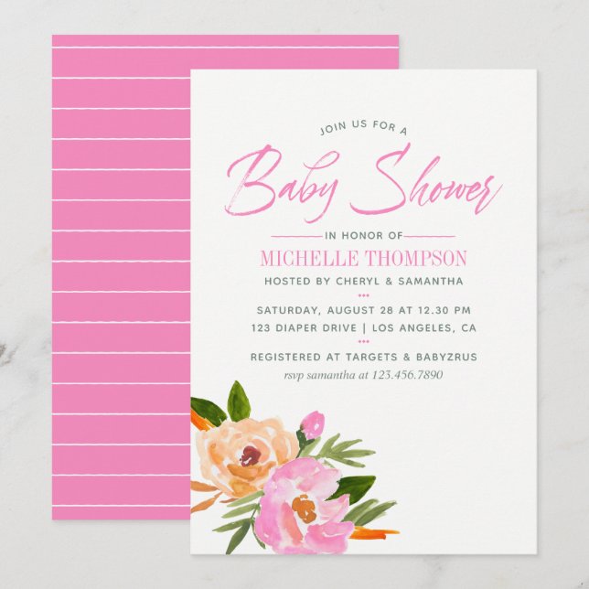 Convites Chá de Bebê de flores silvestres em aquarela rosa (Frente/Verso)