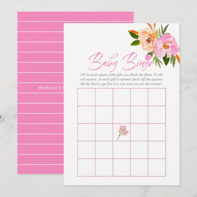 Convites Chá de bebê de flores silvestres em aquarela rosa  (Frente/Verso)