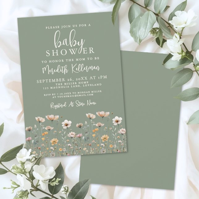 Convites Chá de Bebê de Flores Silvestres em Verde Salvia (Sage Green Wildflower Baby Shower Invitation)