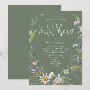 Convites Chá de Bebê de Flores Silvestres Verde Oliva Elega