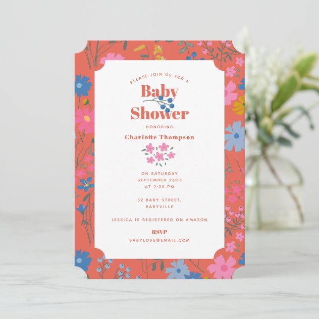 Convites Chá de Bebê de Flores Vermelhas Boho Modernas (Em pé/Frente)