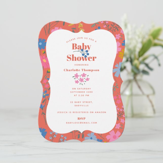 Convites Chá de Bebê de Flores Vermelhas Boho Modernas (Em pé/Frente)