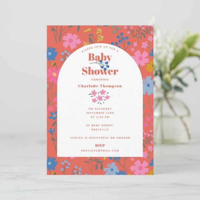 Convites Chá de Bebê de Flores Vermelhas Boho Modernas (Em pé/Frente)