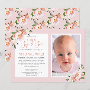Convites Chá de Bebê de Foto Floral Rosa Blush Virtual