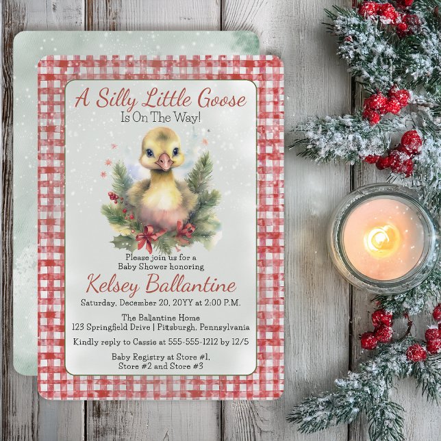 Convites Chá de Bebê de Ganso de Natal (Cute Christmas Holiday Goose Gosling "A Silly Little Goose" Gingham Checks Baby Shower Invitation)