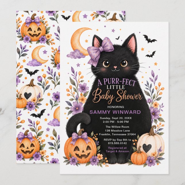 Convites Chá de Bebê de Gatinho de Halloween Perfeito (Frente/Verso)