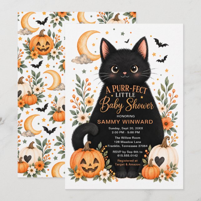 Convites Chá de Bebê de Gato de Halloween Perfeito (Frente/Verso)