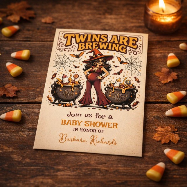 Convites Chá de Bebê de Gêmeos no Halloween está Cozinhando (Twins are Brewing Halloween Baby Shower Invitation)