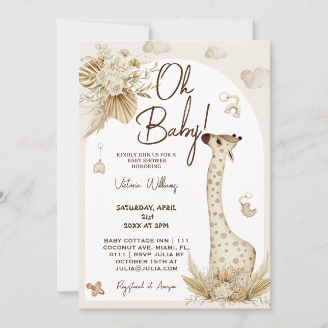 Convites Chá de bebê de girafa Boho berçário  (Frente)