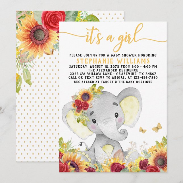 Convites Chá de Bebê de Girassol Borboleta Elefante (Frente/Verso)
