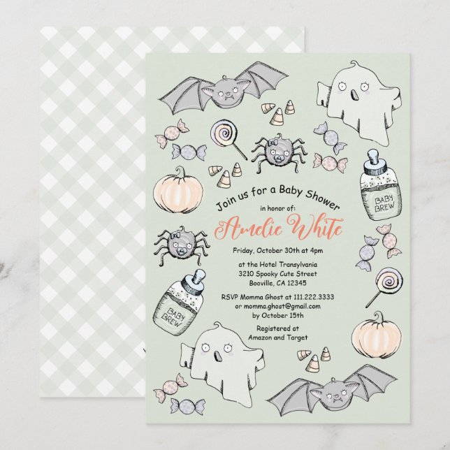 Convites Chá de Bebê de Halloween com Fantasma, Morcego e A (Frente/Verso)
